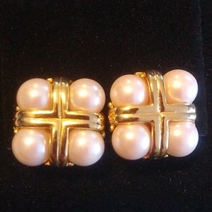 Pearl and gold tone clip earrings